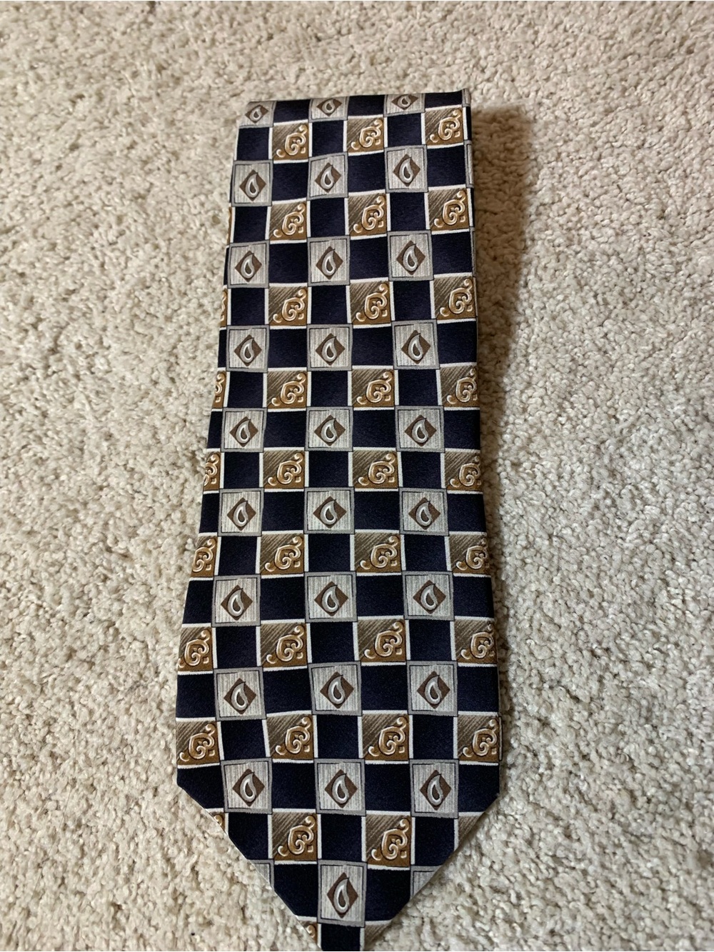 Vintage Pierre Cardin 100% Silk Geometric Navy Gold Gray Necktie